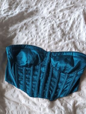 Garage Teal Satin Strapless Corset Bustier